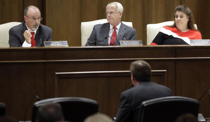 Sen. Mike Bell, R-Riceville, left; Sen. Jon Lundberg, R-Bristol, center; and Sen. Dawn White, R-Murfreesboro, right; listen to the testimony of a speaker during a Senate hearing to discuss a fetal heartbeat abortion ban, or possibly something more restrictive, Monday, Aug. 12, 2019, in Nashville, Tenn. (AP Photo/Mark Humphrey)