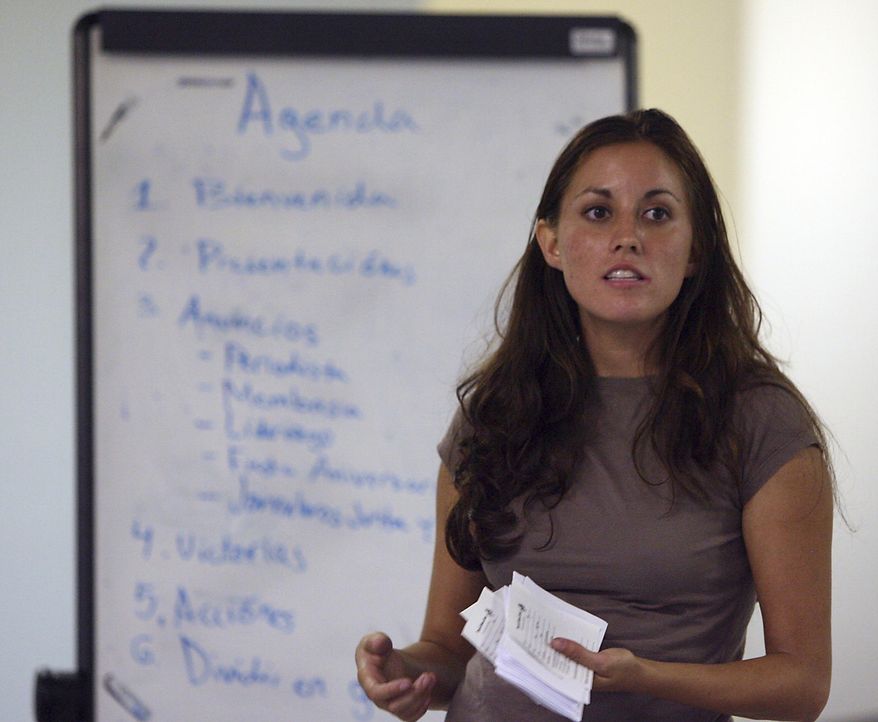 File-This photo taken Sept. 19, 2007, shows Cristina Tzintzun speaking to a group of Mexican immigrants during a meeting of an immigrant workers advocacy group, Proytecto Defenso Laboral in Austin, Texas. The founder of a Latino progressive group in Texas is joining the growing list of Democrats lining up to challenge Republican Sen. John Cornyn in 2020. Tzintzún Ramirez launched her U.S. Senate campaign Monday, Aug. 12, 2019. She’s the founder of a Latino voter mobilization effort called the Jolt Initiative. (Larry Kolvoord/Austin American-Statesman via AP, File)