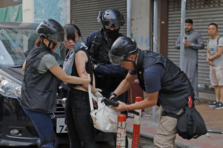 Riot policemen search a protester's bag during the anti-extradition bill protest in Hong Kong, Sunday, Aug. 11, 2019. Police fired tear gas late Sunday afternoon to try to disperse a demonstration in Hong Kong as protesters took over streets in two parts of the Asian financial capital. (AP Photo/Kin Cheung)