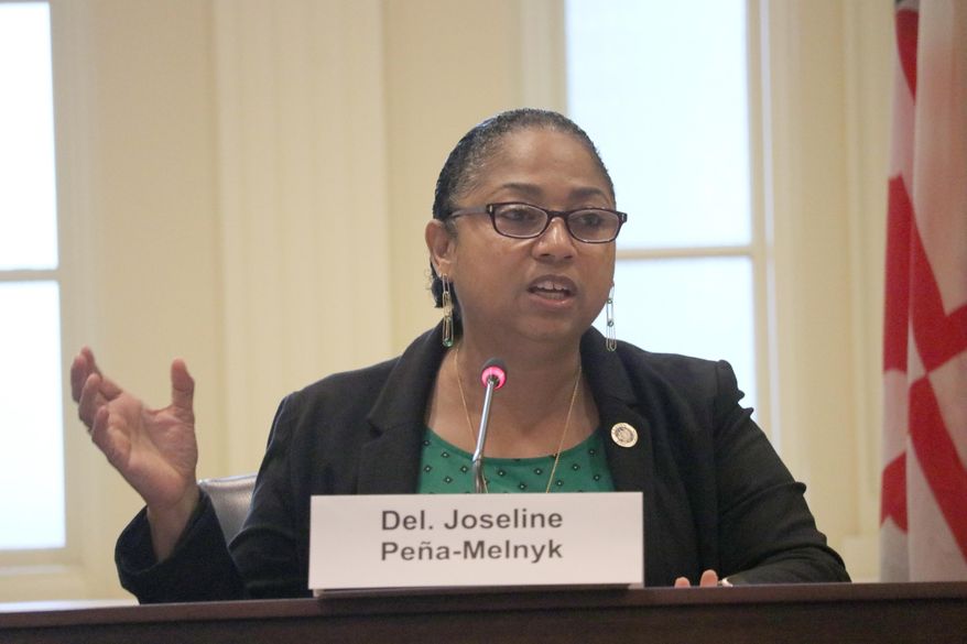 Del. Joseline Pena-Melnyk, who sponsored legislation to create the Maryland Lynching Truth and Reconciliation Commission, speaks at the commission's first meeting on Monday, Aug. 12, 2019 in Annapolis, Maryland. The commission was created to hold public hearings around the state to research racial lynchings that happened in the state. The Maryland law says at least 40 African Americans were lynched in Maryland by white mobs between 1854 and 1933. (AP Photo/Brian Witte)