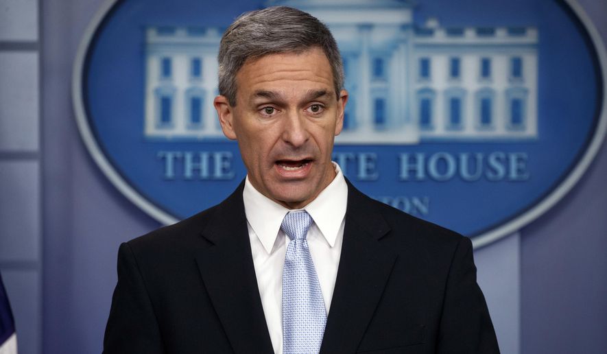 Acting Director of United States Citizenship and Immigration Services Ken Cuccinelli, speaks during a briefing at the White House, Monday, Aug. 12, 2019, in Washington. (AP Photo/Evan Vucci)