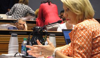 Louisiana Health Secretary Rebekah Gee answers questions from the joint House and Senate budget committee about new contract awards for the Medicaid managed care program, on Tuesday, Aug. 13, 2019, in Baton Rouge, La. (AP Photo/Melinda Deslatte)