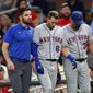 New York Mets&#39; Jeff McNeil (6) is helped off the field by a trainer and manager Mickey Callaway (36) after being injured running out a ground ball during the ninth inning of the team&#39;s baseball game against the Atlanta Braves on Tuesday, Aug. 13, 2019, in Atlanta. The Braves won 5-3. (AP Photo/John Bazemore)