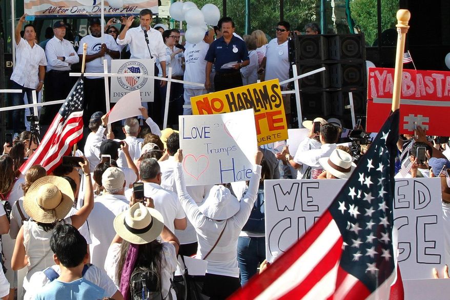 Democratic presidential candidate and former Texas Rep. Beto O'Rourke speaks at the League of United Latin American Citizens' "March For a United America," in El Paso, Texas, on Saturday, Aug. 10, 2019. More than 100 people marched through the Texas border denouncing racism and calling for stronger gun laws one week after several people were killed in a mass shooting that authorities say was carried out by a man targeting Mexicans. (AP Photo/Cedar Attanasio)