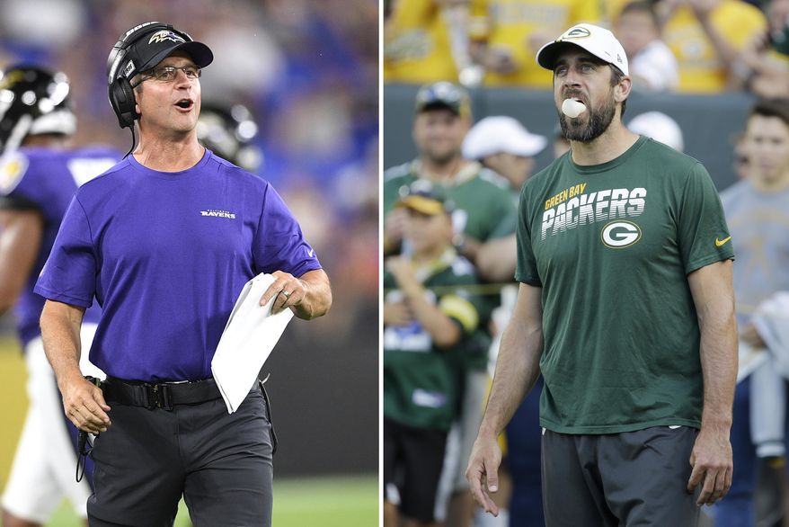 FILE - At left, in an Aug. 8, 2019, file photo, Baltimore Ravens head coach John Harbaugh talks to his team during the first half of an NFL football preseason game against the Jacksonville Jaguars in Baltimore. At right, also in an Aug. 8, 2019, file photo, Green Bay Packers quarterback Aaron Rodgers blows bubbles with his gum before the start of an NFL preseason football game against the Houston Texans in Green Bay, Wis. The Ravens will see a little bit of Aaron Rodgers on Thursday night, Aug. 15 in their preseason game. (AP Photo/File)
