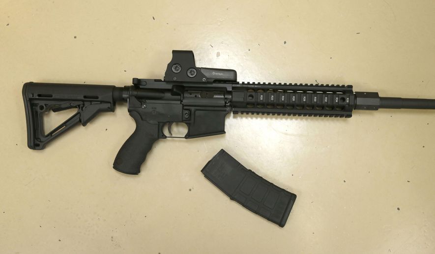 This Oct. 3, 2013, file photo shows a custom made semi-automatic hunting rifle with a detachable magazine, displayed at TDS Guns in Rocklin, Calif. A gun-rights group is suing to block California from enforcing its assault weapons ban, contending it violates the Second Amendment right to bear arms. (AP Photo/Rich Pedroncelli, File)