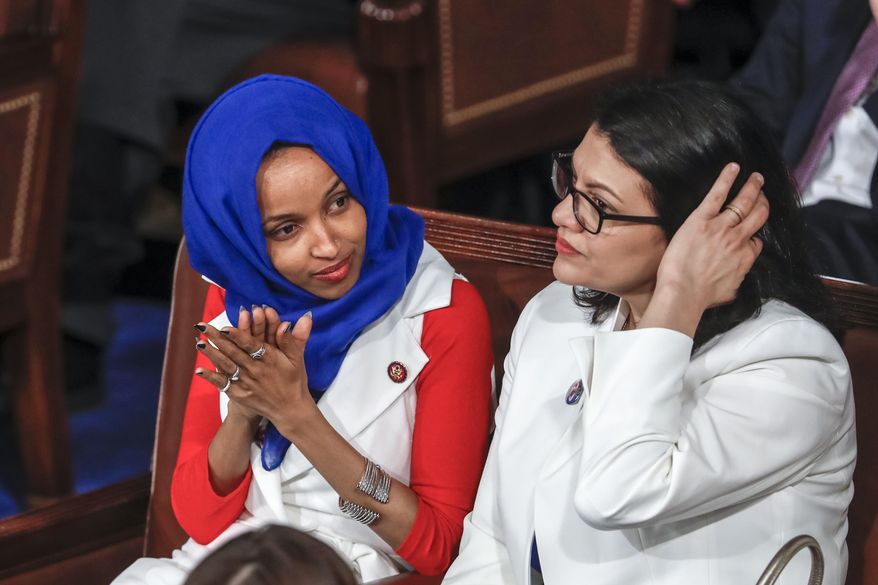 Rep. Ilhan Omar (left), Minnesota Democrat, and Rep. Rashida Tlaib, Michigan Democrat, are members of &quot;The Squad&quot; with Rep. Alexandria Ocasio-Cortez, a New York Democrat who declared that the Palestinians have no choice but to riot over the supposed repression they face at the hands of the Israelis. (Associated Press/File)