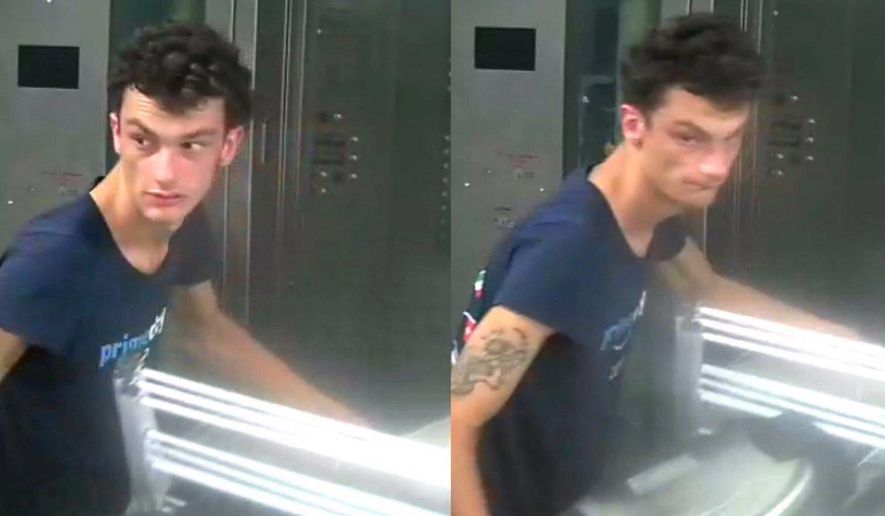 This photo released by NYPD shows a person of interest wanted for questioning in regard to the suspicious items placed inside the Fulton Street subway station in Lower Manhattan on Friday, Aug. 16, 2019 in New York. Three abandoned devices that looked like pressure cookers prompted an evacuation of the major downtown subway station and closed off an intersection in the Chelsea neighborhood before police determined the objects were not explosives. Police were looking to talk to a man seen on surveillance video taking two of the rice cookers out of a shopping cart and placing them in the subway station in lower Manhattan. (NYPD via AP)