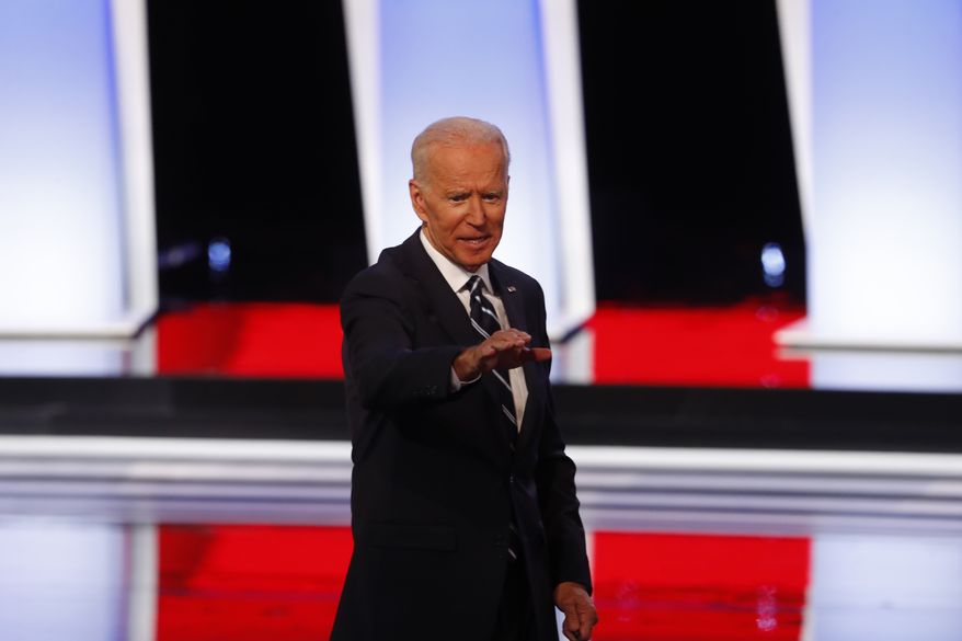 Former Vice President Joe Biden waves after the second of two Democratic presidential primary debates hosted by CNN, July 31, 2019, in the Fox Theatre in Detroit. (AP Photo/Paul Sancya)