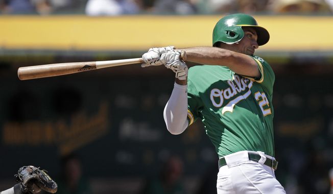 Oakland Athletics&#x27; Matt Olson swings for an RBI-single off Houston Astros&#x27; Rogelio Armenteros in the third inning of a baseball game Saturday, Aug. 17, 2019, in Oakland, Calif. (AP Photo/Ben Margot)