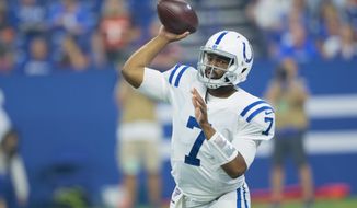 Indianapolis Colts quarterback Jacoby Brissett (7) throws against the Cleveland Browns during the first half of an NFL preseason football game in Indianapolis, Saturday, Aug. 17, 2019. (AP Photo/AJ Mast)