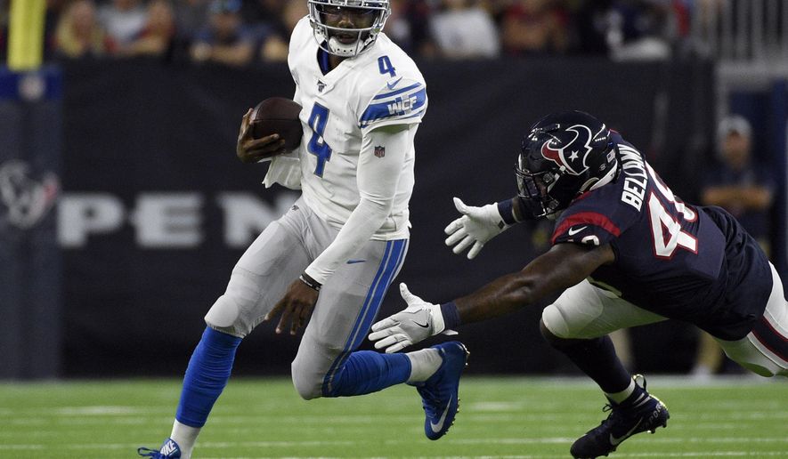 Detroit Lions quarterback Josh Johnson (4) avoids Houston Texans linebacker Davin Bellamy during the first half of an NFL preseason football game Saturday, Aug. 17, 2019, in Houston. (AP Photo/Eric Christian Smith)