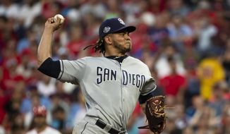 San Diego Padres&#39; Dinelson Lamet pitches during the second inning of a baseball game against the Philadelphia Phillies, Saturday, Aug. 17, 2019, in Philadelphia. (AP Photo/Matt Rourke)