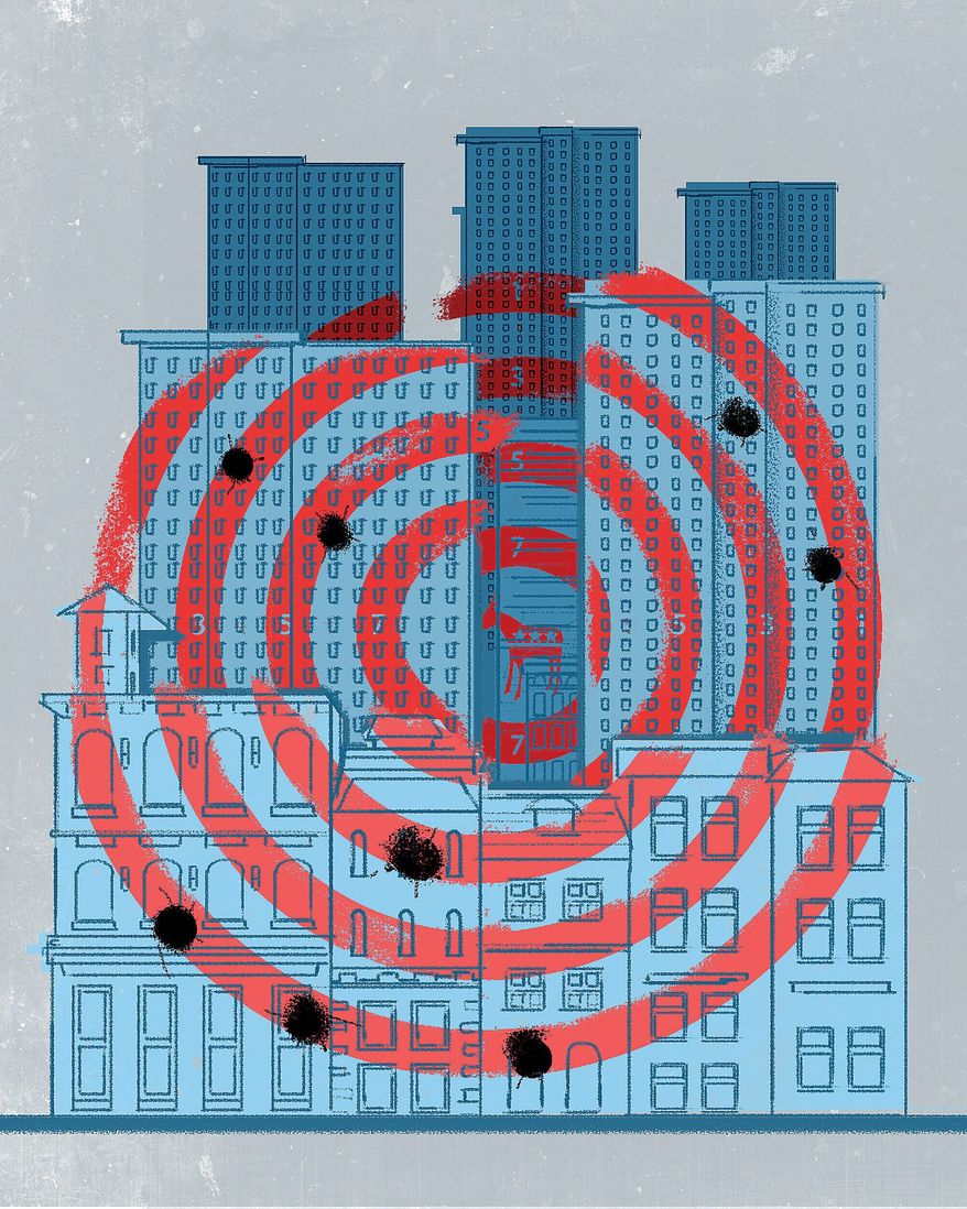 Illustration on the results of Democratic governance of big American cities by Linas Garsys/The Washington Times