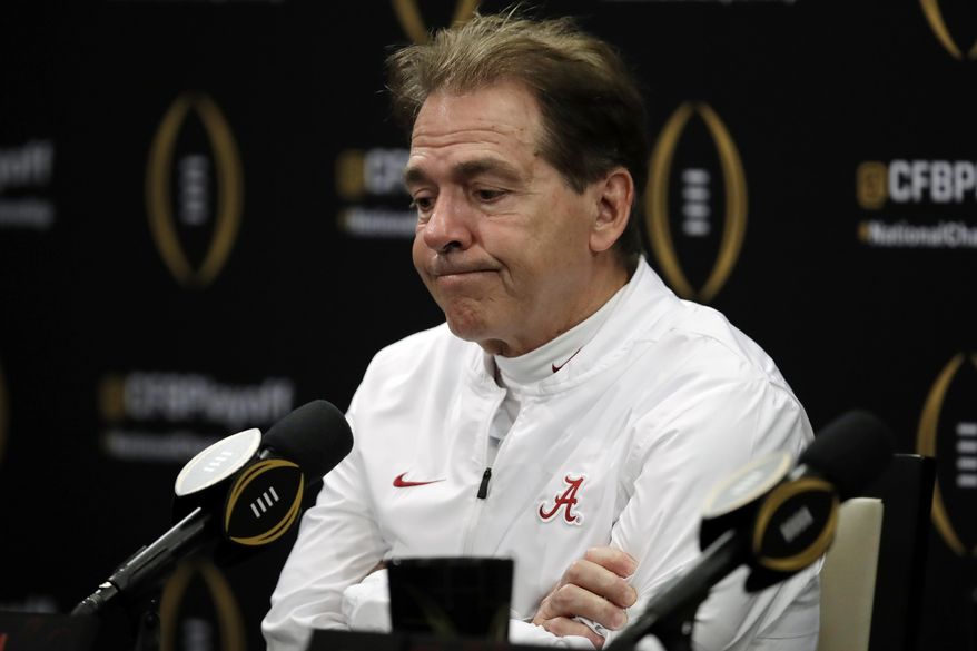 FILE - In this Jan. 7, 2019, file photo, Alabama head coach Nick Saban reacts after the NCAA college football playoff championship game against Clemson in Santa Clara, Calif. For the first time, the defending national champion Clemson Tigers are No. 1 in The Associated Press preseason Top 25 presented by Regions Bank, Monday, Aug. 19, 2019. The Crimson Tide, coming off a 44-16 loss to Clemson in the College Football Playoff championship, is No. 2. (AP Photo/Ben Margot, File)