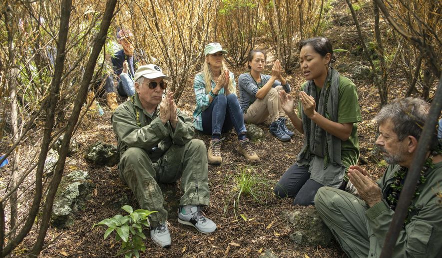 In this Friday, Aug. 16, 2019 photo, musician Paul Simon, left, joins in a prayer lead by Aimee Sato, second from right, prior to the planting of a lama tree at Auwahi Forest Reserve on Maui, Hawaii. The tree planting is a part of a growing forest restoration effort on Hawaii&#39;s second largest island. (Anna Kim/Honolulu Star-Advertiser via AP)