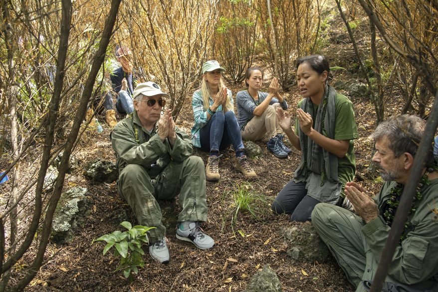 In this Friday, Aug. 16, 2019 photo, musician Paul Simon, left, joins in a prayer lead by Aimee Sato, second from right, prior to the planting of a lama tree at Auwahi Forest Reserve on Maui, Hawaii. The tree planting is a part of a growing forest restoration effort on Hawaii's second largest island. (Anna Kim/Honolulu Star-Advertiser via AP)