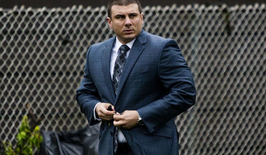 FILE - In this May 13, 2019, file photo New York City police officer Daniel Pantaleo leaves his house Monday, May 13, 2019, in Staten Island, N.Y. New York City’s police commissioner has scheduled a midday news conference as the city waits for his decision on whether to fire Pantaleo, a police officer involved in the 2014 death of an unarmed black man. Police commissioner James O’Neill said he would make an announcement at 12:30 p.m. Monday, Aug. 19, on an undisclosed topic. (AP Photo/Eduardo Munoz Alvarez, File)