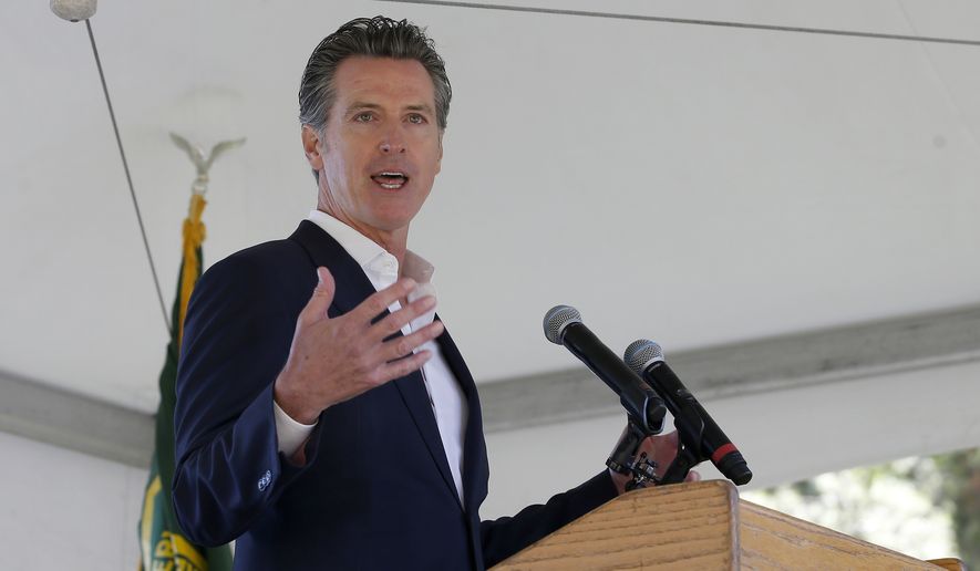 California Gov. Gavin Newsom makes the keynote address at the 23rd Annual Lake Tahoe Summit, Tuesday, at South Lake Tahoe, Calif., Tuesday, Aug. 20, 2019. The summit is a gathering of federal, state and local leaders to discuss the restoration and the sustainability of Lake Tahoe. (AP Photo/Rich Pedroncelli)