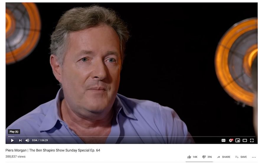 Piers Morgan, the host of &quot;Good Morning Britain,&quot; sits down with conservative Ben Shapiro, Aug. 18, 2019. (Image: YouTube, The Daily Wire, &quot;The Ben Shapiro Show&quot; video screenshot)
