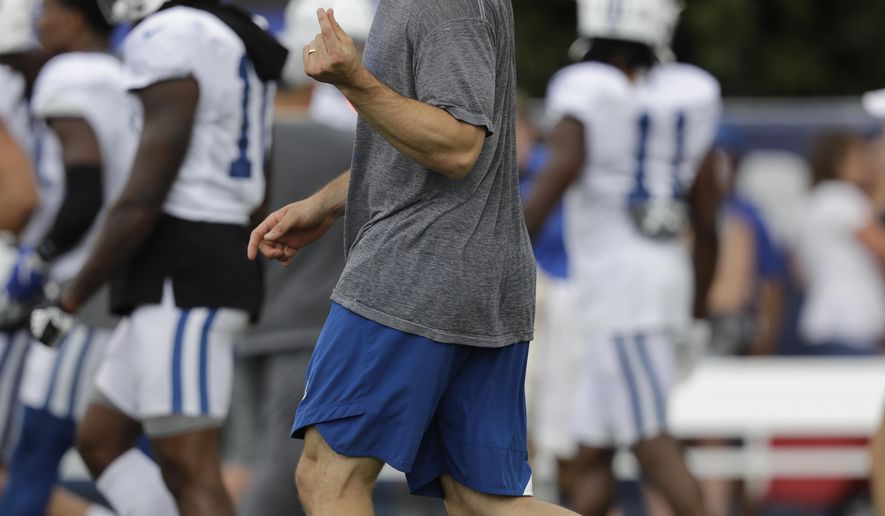 Indianapolis Colts quarterback Andrew Luck watches during practice at the NFL team's football training camp in Wednesday, Aug. 14, 2019, in Westfield, Ind. (AP Photo/Darron Cummings)
