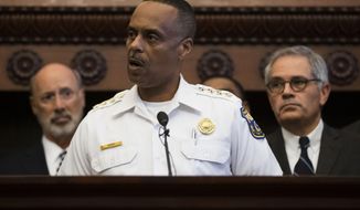 Philadelphia Police Commissioner Richard Ross speaks during a news conference at City Hall in Philadelphia, Thursday, Aug. 15, 2019. A gunman, identified as Maurice Hill, wounded six police officers before surrendering early Thursday, after a 7 ½-hour standoff.(AP Photo/Matt Rourke)