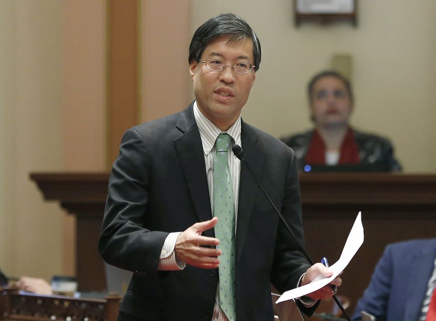 In this May 22, 2019, file photo, State Sen. Richard Pan, D-Sacramento, calls on lawmakers to approve his measure to toughen the rules for vaccination exemptions in Sacramento, Calif. An anti-vaccine activist has been cited for assault after pushing Pan on a sidewalk near the Capitol. Kenneth Austin Bennett livestreamed the confrontation on his Facebook page. It shows him shoving Pan in the back after questioning him on vaccinations. The Sacramento Police Department say they cited Bennett on a misdemeanor assault charge then released him. (AP Photo/Rich Pedroncelli, File)