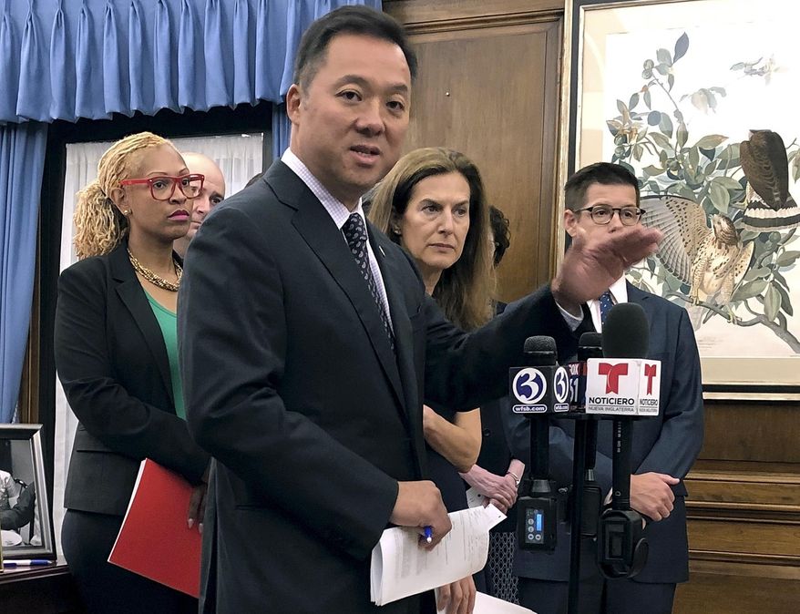 Connecticut Attorney General William Tong speaks in his office, Wednesday, Aug. 21, 2019, in Hartford, Conn., about the potential impact on thousands of state residents by planned rule changes for public benefits for immigrants. (AP Photo/Susan Haigh)