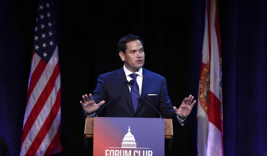 Sen. Marco Rubio, R-Fla., speaks during a Forum Club meeting on Wednesday, Aug. 21, 2019, in West Palm Beach, Fla. (AP Photo/Brynn Anderson)