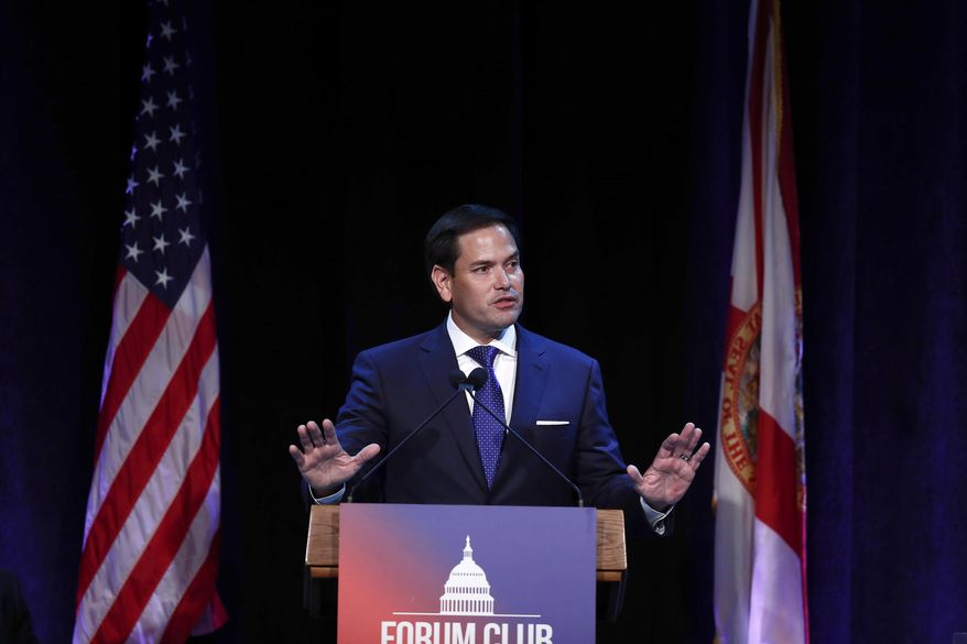 Sen. Marco Rubio, R-Fla., speaks during a Forum Club meeting on Wednesday, Aug. 21, 2019, in West Palm Beach, Fla. (AP Photo/Brynn Anderson)