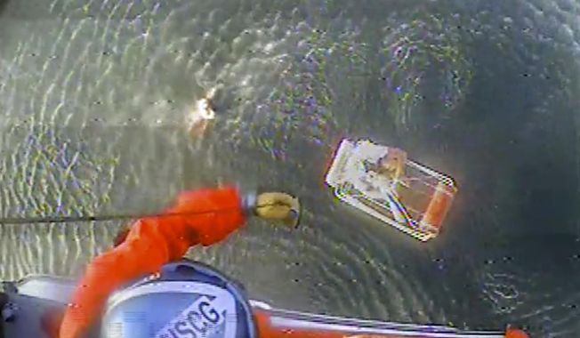 In this Aug. 20, 2019 image provided by the U.S. Coast Guard, a Coast Guard Air Station San Francisco MH-65 Dolphin helicopter crew rescues two people after their plane went down near Half Moon Bay, Calif. A self-professed thrill seeker and pilot was forced to bring down his new plane safely into the ocean off Northern California as it lost power, recording dramatic videos as he and his passenger treaded water in the chilly ocean awaiting rescue. Pilot David Lesh embarked on a flight Tuesday evening over Half Moon Bay south of San Francisco. He's a 34-year-old globe-trotting skier and the founder of a Colorado-based outerwear company Virtik. (U.S. Coast Guard via AP)