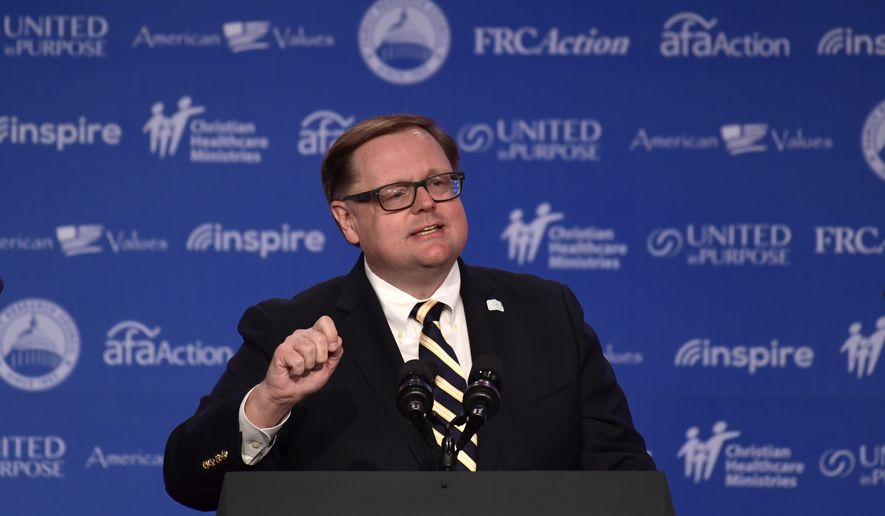 Todd Starnes of Fox News speaks at the 2018 Values Voter Summit in Washington, Saturday, Sept. 22, 2018. (AP Photo/Susan Walsh)