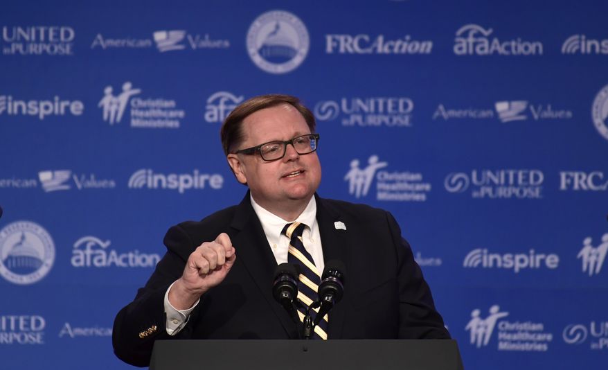Todd Starnes of Fox News speaks at the 2018 Values Voter Summit in Washington, Saturday, Sept. 22, 2018. (AP Photo/Susan Walsh)