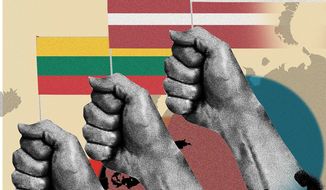 Illustration on the liberation of the Baltic nations by Linas Garsys/The Washington Times