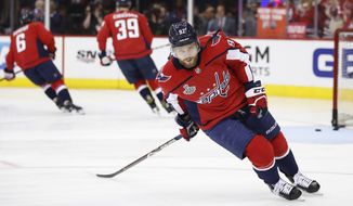 FILE - In this Saturday, June 2, 2018 file photo, Washington Capitals forward Evgeny Kuznetsov, of Russia, warms up before Game 3 of the team&#39;s NHL hockey Stanley Cup Final against the Vegas Golden Knights, in Washington. Washington Capitals center Evgeny Kuznetsov tested positive for cocaine at the world championship and has been banned from the Russian national team for four years. The IIHF says the ban expires on June 12, 2023. The ban does not affect Kuznetsov playing for the Capitals, who won the 2018 Stanley Cup. (AP Photo/Alex Brandon, File)