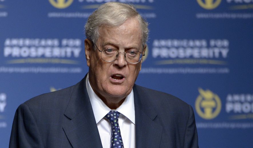 FILE - In this Aug. 30, 2013 file photo, David Koch speaks in Orlando, Fla. Koch, major donor to conservative causes and educational groups, has died on Friday, Aug. 23, 2019. He was 79. (AP Photo/Phelan M. Ebenhack, File)