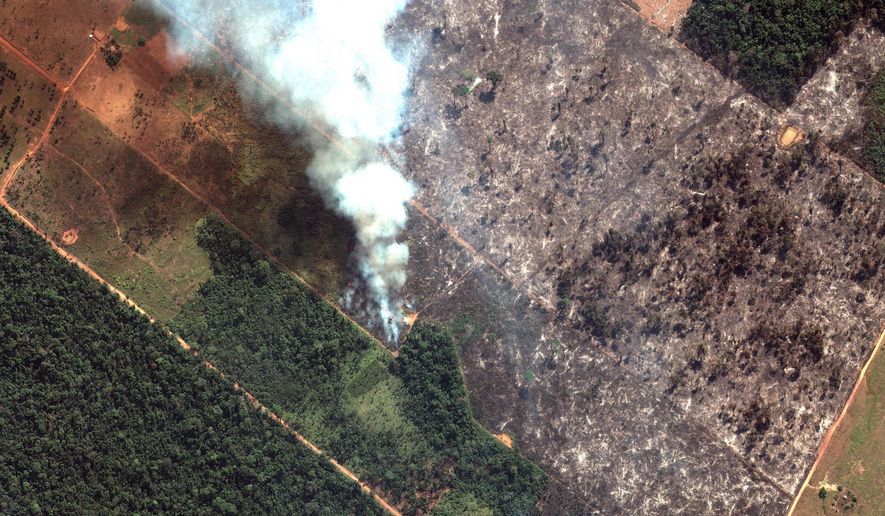 In this Aug 15, 2019 satellite image provided by Satellite image ©2019 Maxar Technologies, shows fires burning in the State of Rondonia, Brazil, in the upper Amazon River basin. Brazil's National Institute for Space Research, a federal agency monitoring deforestation and wildfires, said the country has seen a record number of wildfires this year, an 84 percent increase compared to the same period last year. The states that have been most affected by fires this year are Mato Grosso, Para and Amazonas, all in the Amazon region. (Satellite image ©2019 Maxar Technologies via AP)