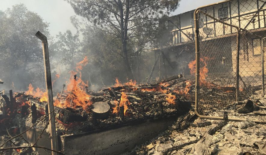 In this photo taken Thursday, Aug. 22, 2019, the Mountain Fire burns near Redding, Calif. A Northern California wildfire has destroyed three residences but firefighters report progress in preventing further growth of the blaze. Cal Fire says ongoing assessments show four outbuildings have also been destroyed and one unspecified structure was damaged by the 600-acre (243-hectare) blaze in a rural area north of Redding. Containment is 40 percent Friday morning. (Mike Chapman/Record Searchlight via AP)
