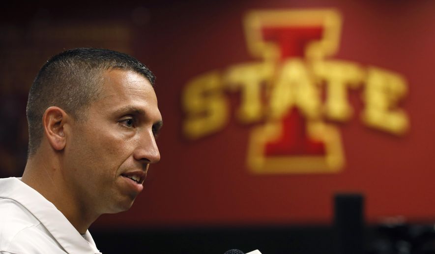 FILE - In this Aug. 1, 2019, file photo, Iowa State coach Matt Campbell speaks during his team's annual NCAA college football media day in Ames, Iowa. No. 21 Iowa State (8-5 in 2018) open on August 31 at home against Northern Iowa of the FCS, with sunny skies and temperatures in the mid-70s in the forecast for kickoff. The Cyclones then get a bye _ and an extra week to evaluate themselves _ before hosting 20th-ranked Iowa on Sept. 14. “I love it,” Iowa State coach Matt Campbell said about having a bye during the second week of the season.(AP Photo/Charlie Neibergall, File)