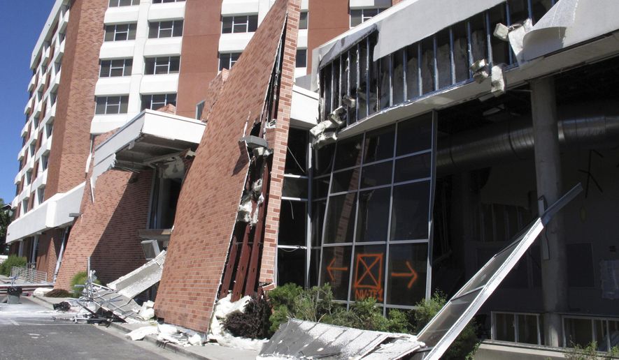 This photo taken July 11, 2019 shows damage caused by a natural gas explosion at Argenta Hall on the campus of the University of Nevada, Reno. That dormitory and the neighboring Nye Hall we be closed all school year so roughly 1,300 students are living in a Circus Circus casino hotel tower downtown about a half-mile away. (AP Photo/Scott Sonner)