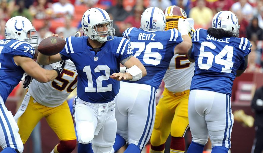 FILE - In this Aug. 25, 2012, file photo, Indianapolis Colts quarterback Andrew Luck (12) rolls out of the pocket during the team&#39;s NFL preseason football game against the Washington Redskins in Landover, Md. Luck watched one last game from the sideline Saturday, Aug. 24, 2019, in Indianapolis. Then he said goodbye to the NFL. The quarterback heard boos as he walked away from the field, then walked to the podium and made the surprise decision official. The oft-injured star is retiring at age 29. (AP Photo/Richard Lipski, File)