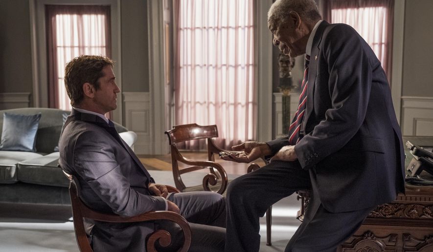 This image released by Lionsgate shows Gerard Butler, left and Morgan Freeman in "Angel Has Fallen," directed by Ric Roman Waugh. (Jack English/Lionsgate via AP)
