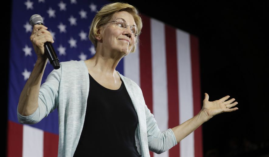In this Aug. 21, 2019, file photo, Democratic presidential candidate Elizabeth Warren, D-Mass., speaks during a town hall campaign event in Los Angeles. Democratic primary voters, energized and enraged by Trump&#39;s turbulent presidency, are increasingly calling for the candidates to fight fire with fire. (AP Photo/Chris Carlson)