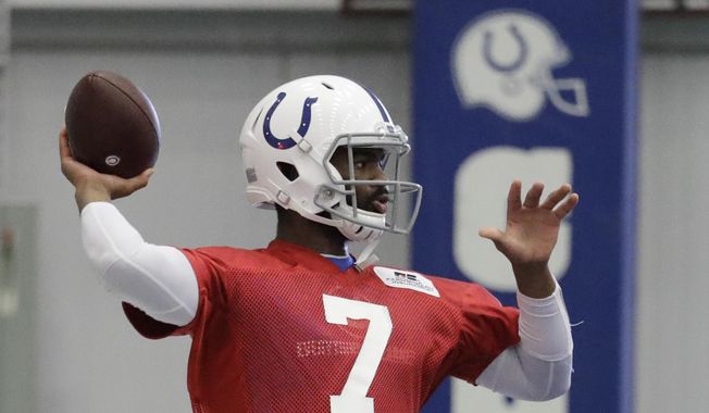 Indianapolis Colts quarterback Jacoby Brissett throws during a practice at the team&#x27;s NFL football training facility, Monday, Aug. 26, 2019, in Indianapolis. (AP Photo/Darron Cummings)