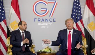 President Donald Trump and Egyptian President Abdel Fattah al-Sisi, left, participate in a bilateral meeting at the G-7 summit in Biarritz, France, Monday, Aug. 26, 2019. (AP Photo/Andrew Harnik)