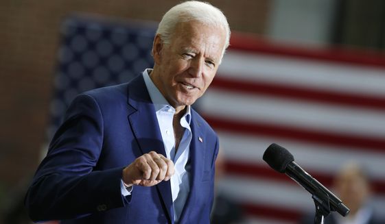 Democratic presidential candidate former Vice President Joe Biden speaks during a campaign event at Keene State College in Keene, N.H., Saturday, Aug. 24, 2019. (AP Photo/Michael Dwyer)