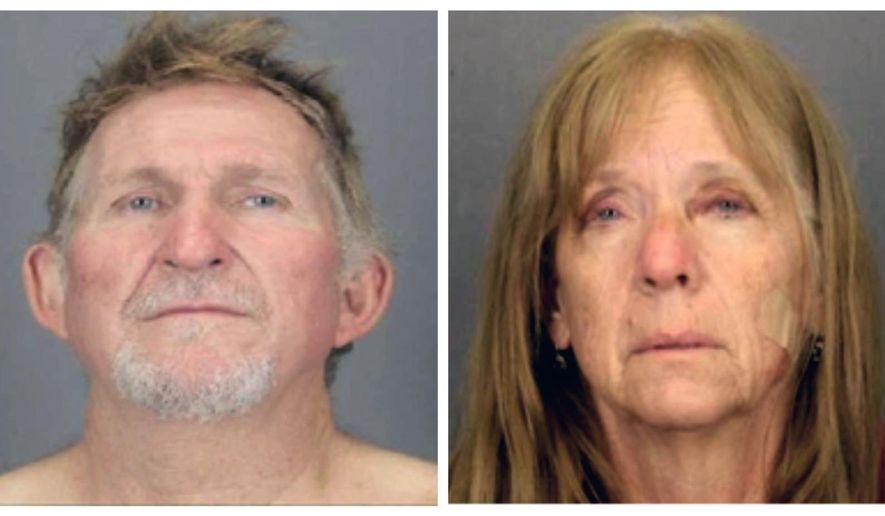 These undated combination booking photos provided by the Tucson Police Department show 56-year-old Blake Barksdale, left, and his 59-year-old wife Susan Barksdale. The couple suspected in a Tucson murder have escaped after overpowering two security guards while being extradited from New York to Arizona, authorities said Tuesday, Aug. 27, 2019. (Tucson Police Department via AP)