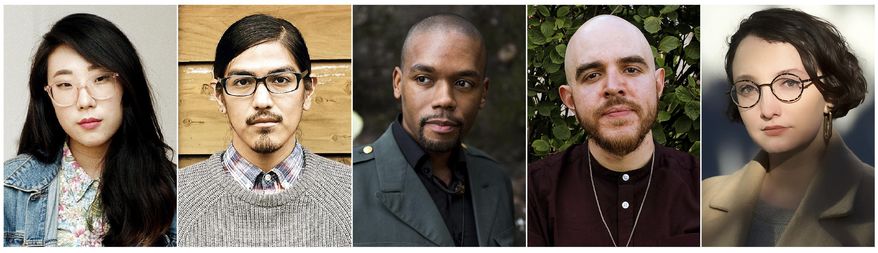 This combination of photos released by The Poetry Foundation shows, from left, Franny Choi, Michael Wasson, Justin Phillip Reed, Jose Olivarez and Jane Huffman who are the recipients of the Ruth Lilly and Dorothy Sargent Rosenberg Poetry Fellowship. (The Poetry Foundation via AP)