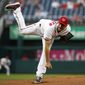 Washington Nationals starting pitcher Max Scherzer follows through during the first inning of a baseball game against the Baltimore Orioles at Nationals Park Wednesday, Aug. 28, 2019, in Washington. (AP Photo/Alex Brandon)