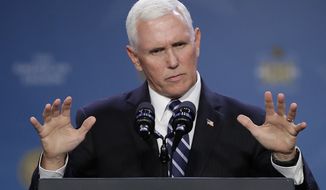 Vice President Mike Pence speaks at the 101st American Legion National Convention, Wednesday, Aug. 28, 2019, in Indianapolis. (AP Photo/Darron Cummings)